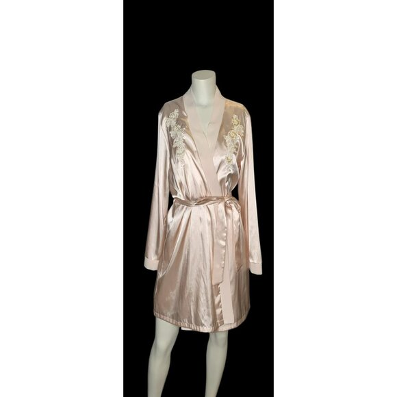Vtg Linea Donatella Pink Satin Embroidered Lace Robe & Chemise Slip Dress Set S - Picture 8 of 12